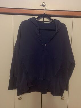 Women's oversized Navy Hooded Pullover Button-Neck Sweatshirt size Large